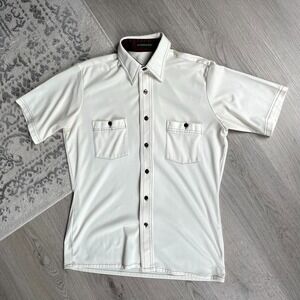 Vintage 1970s 80s Mens Leisure Shirt 15.5 Cream Brown‎ Disco Groovy Mod Retro
